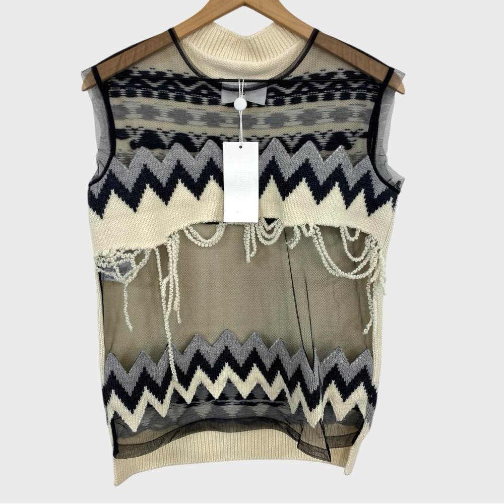 Maison Margiela NWT Ivory Black Zig Zag Mesh Panel Sleeveless Sweater Size 40